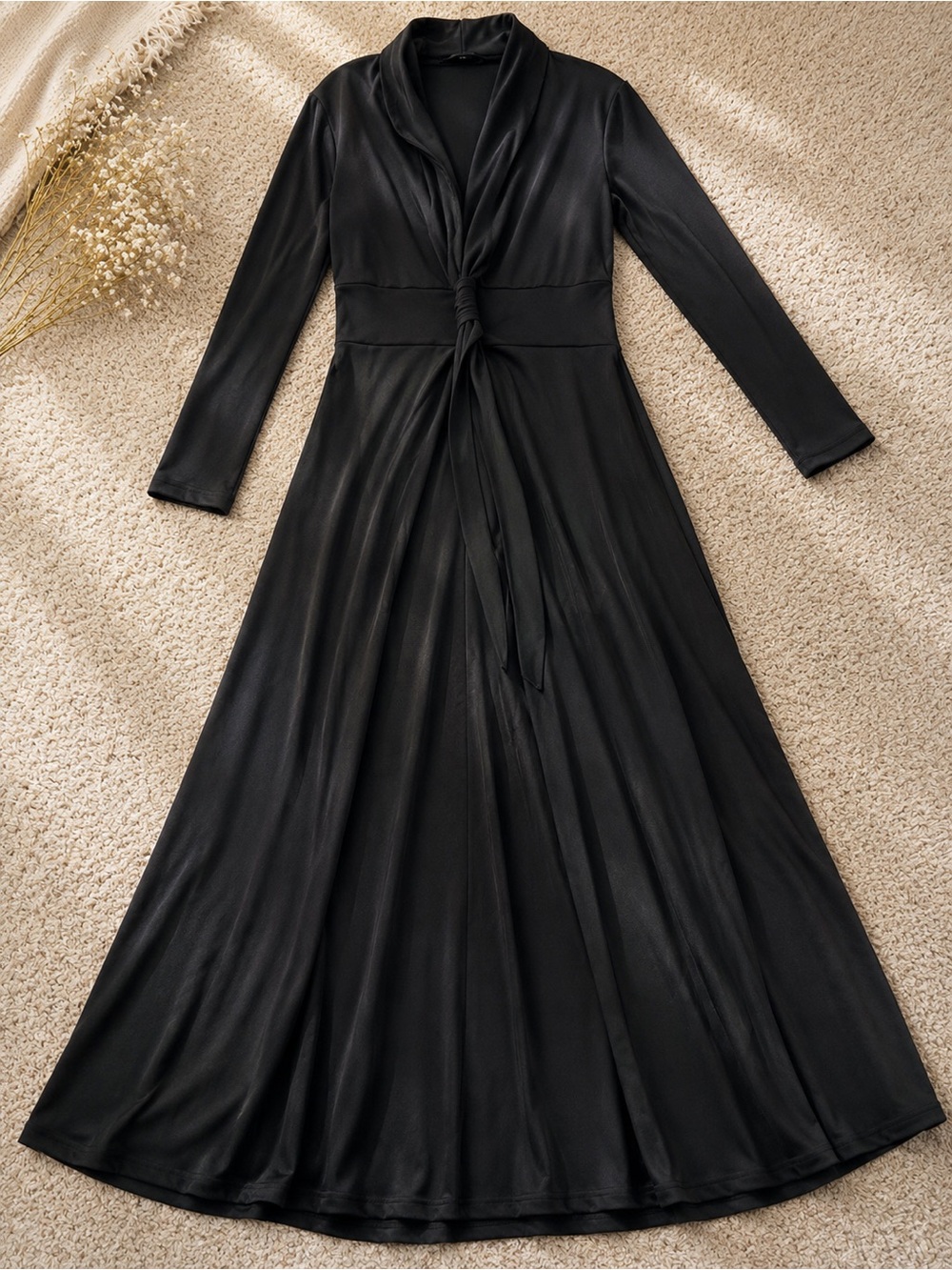Black Long-Sleeve Knot-Waist Maxi Dress